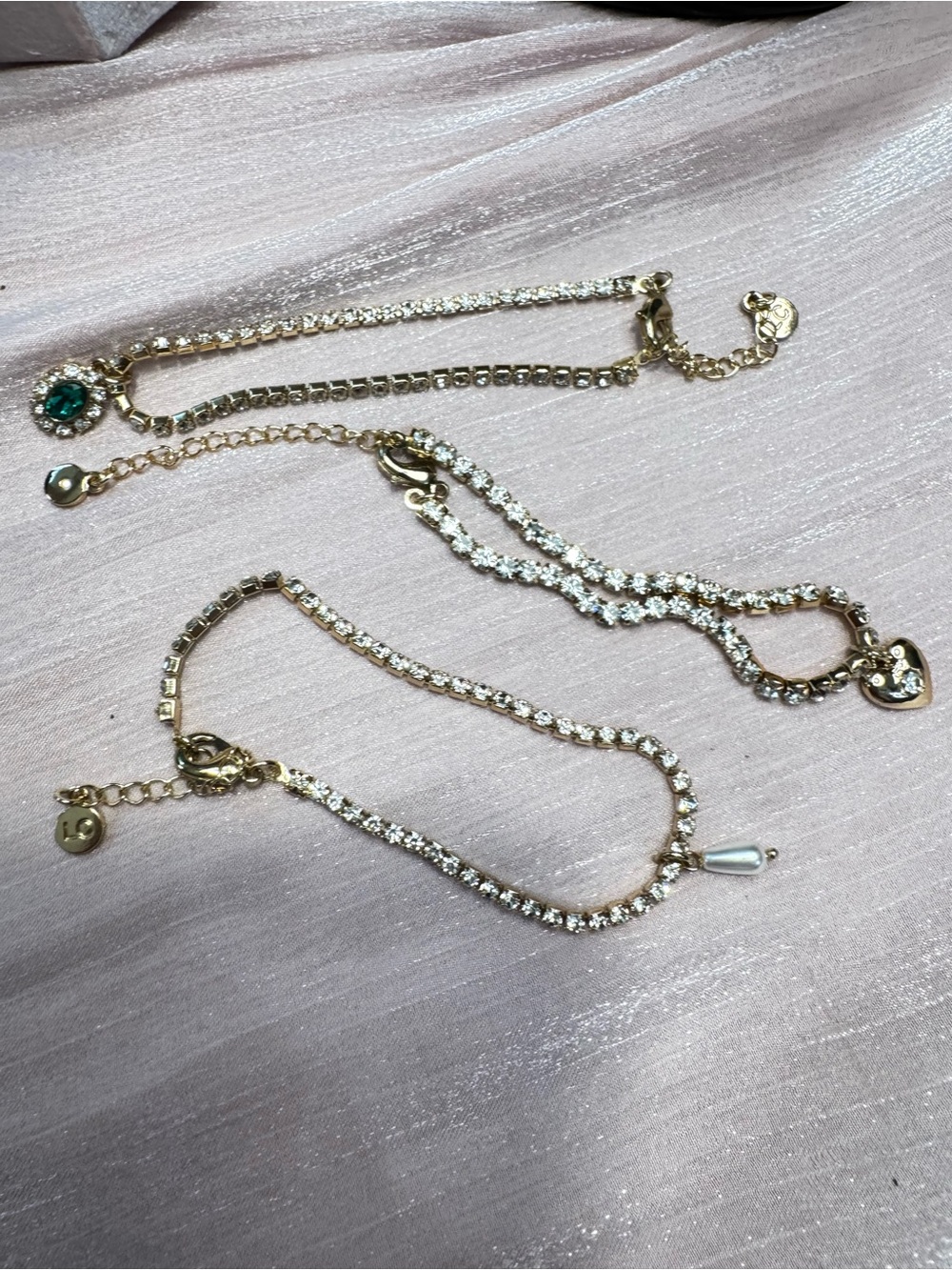 Gold-Tone Crystal & Pearl Accent Bracelet Set with Green Crystal Charm